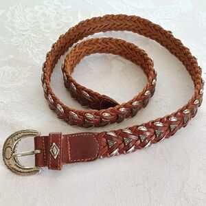 NEW Unisex Genuine Leather Braided Belt Metal Embellishments Size 34"-36" Brown